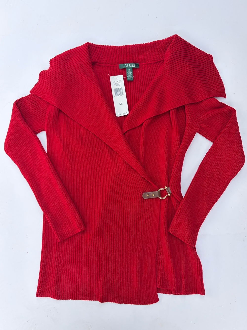 Lauren Ralph Lauren Wrap Sweater XS Red Ribbed Knit Shawl Collar Leather Buckle